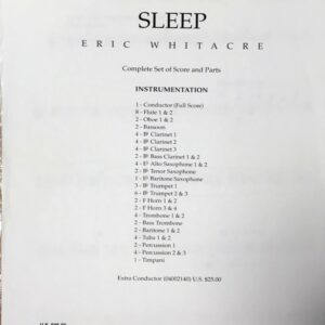 エリック・ウィテカー 眠り (パート譜) 輸入楽譜 Eric Whitacre Sleep 吹奏楽 洋書